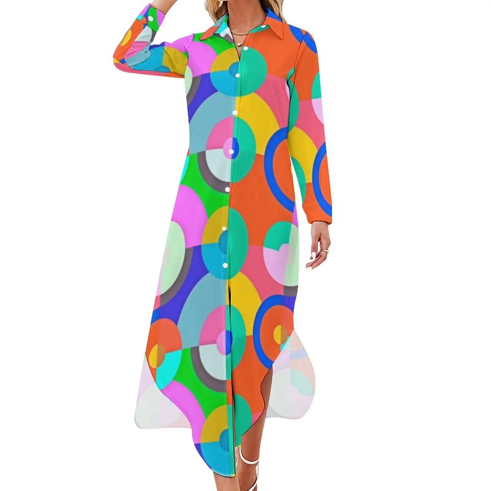 

Colorful Geo Print Casual Dress Multi Circles Stylish Dresses Sexy V Neck Pretty Chiffon Dress Long Sleeve Vestido Big Size