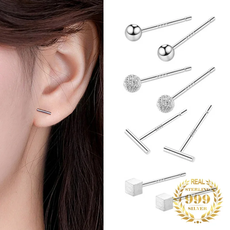 

Minimalist Frosting Smooth Round Bead Square Geometric Stud Earrings Women 999 Sterling Silver Summer Earring Fashion Jewelry