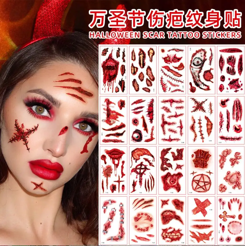 

10 Pcs Halloween Tattoo Stickers Bloody Wound Scar Tattoo Sticker Masquerade Prank Makeup Props T2268