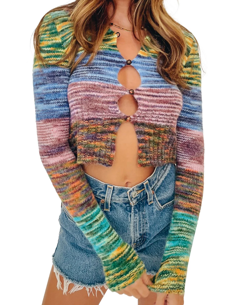 

Womens Cropped Knit Top Long Sleeve Crochet Hollow Out Cardigans Sweater Crop Tops