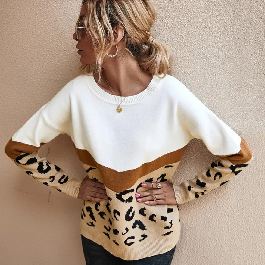 

2023 Fashion Leopard Women Sweater Autumn Winter Ladies O-Neck Full Sleeve Casual Jumper Knitted Female Oversize Pullovers