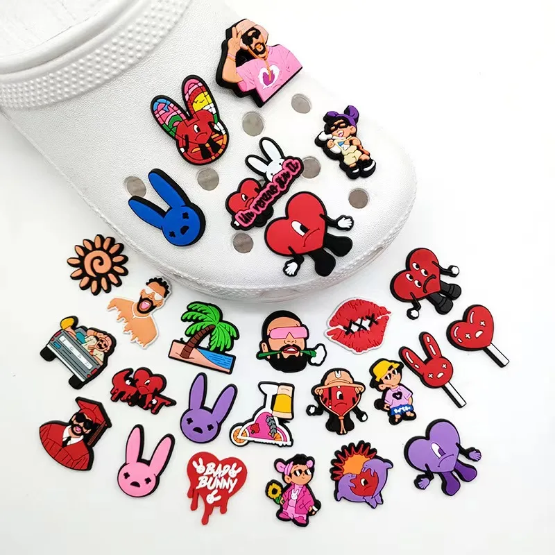 

Cute 1pcs jibz DIY cartoon bad bunny croc shoe charms PVC Accessories fit clogs sandals Decorate buckle kid girls fans gifts