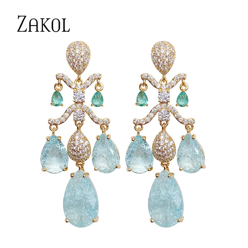 

ZAKOL бренд класса люкс Burst дизайн люстра светильник синий фианит длинные висячие серьги для женщин модные вечерние ювелирные изделия