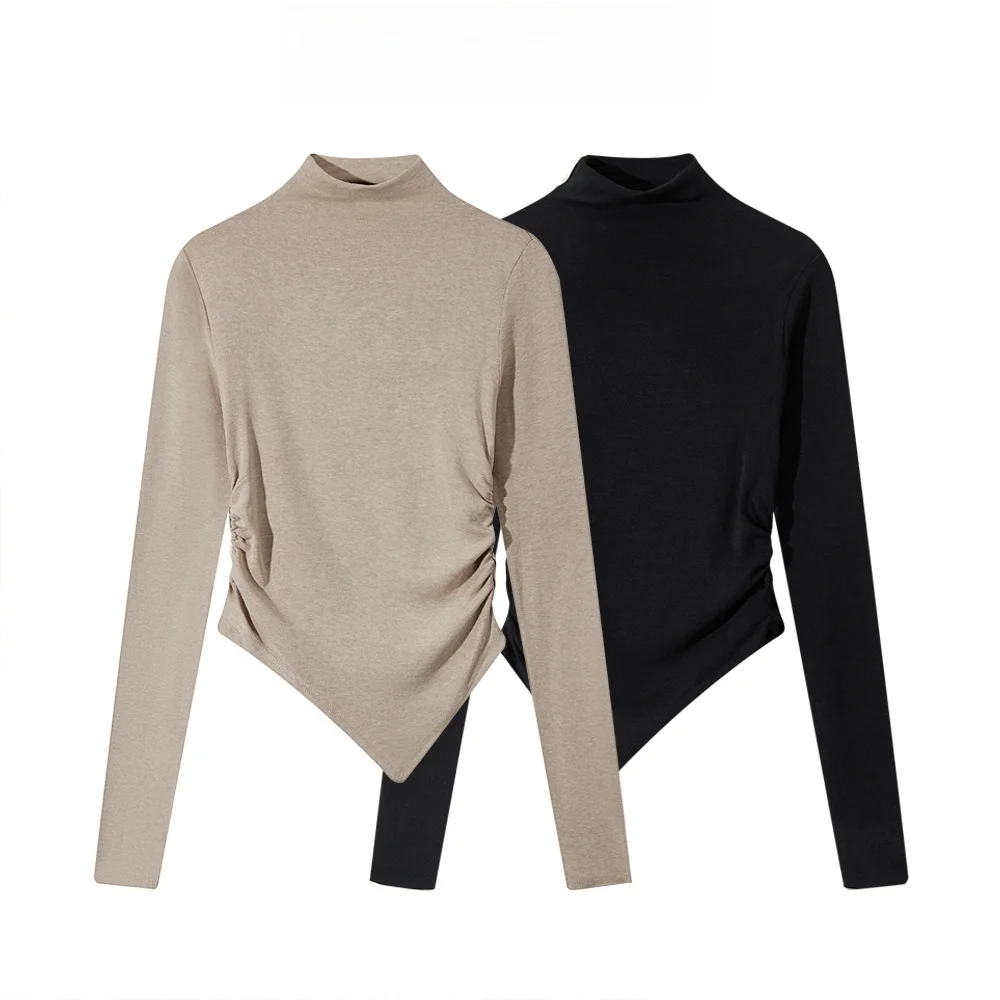 Xiaoyunmi Milk Tea Waist Hugging Pleat Half-high Collar Bottoming Shirt Women Autumn Tight Stretch Unique Hem Inner wear Top |