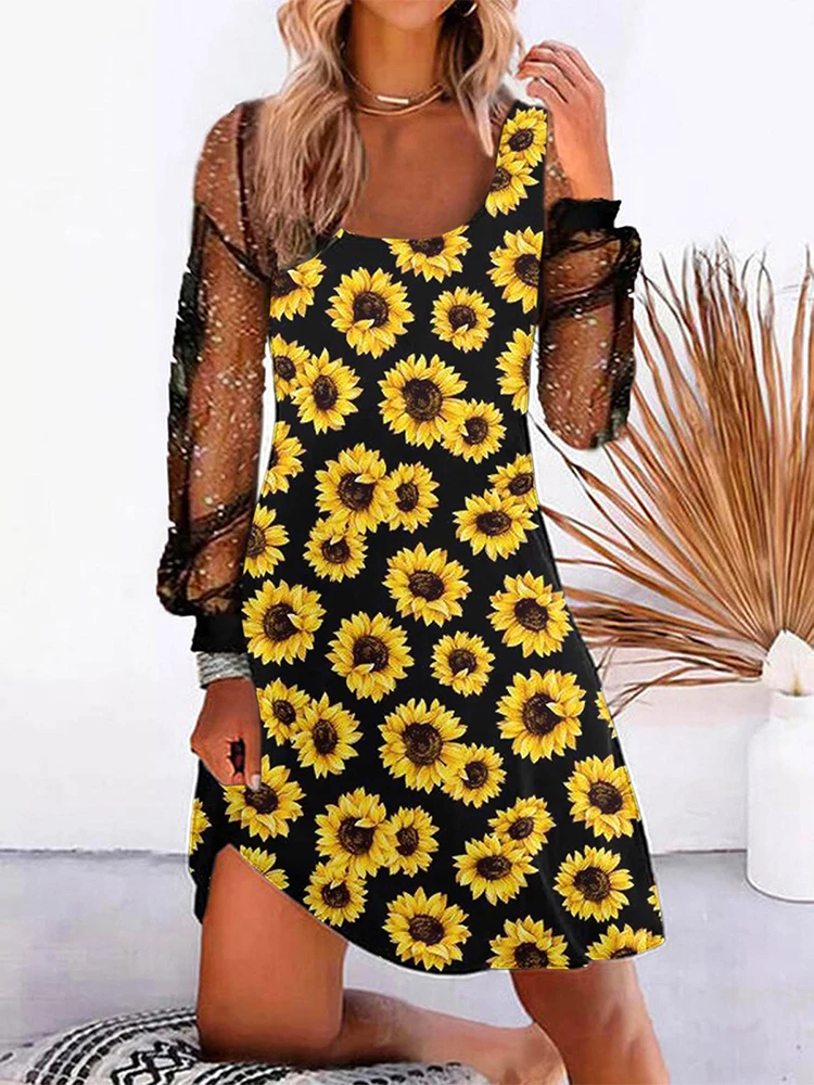 

Lady Sexy See Through Mesh Long Sleeve Dress Elegant Crew Neck Party Dress Women Spring Autumn Fashion Floral Starry Print Dress