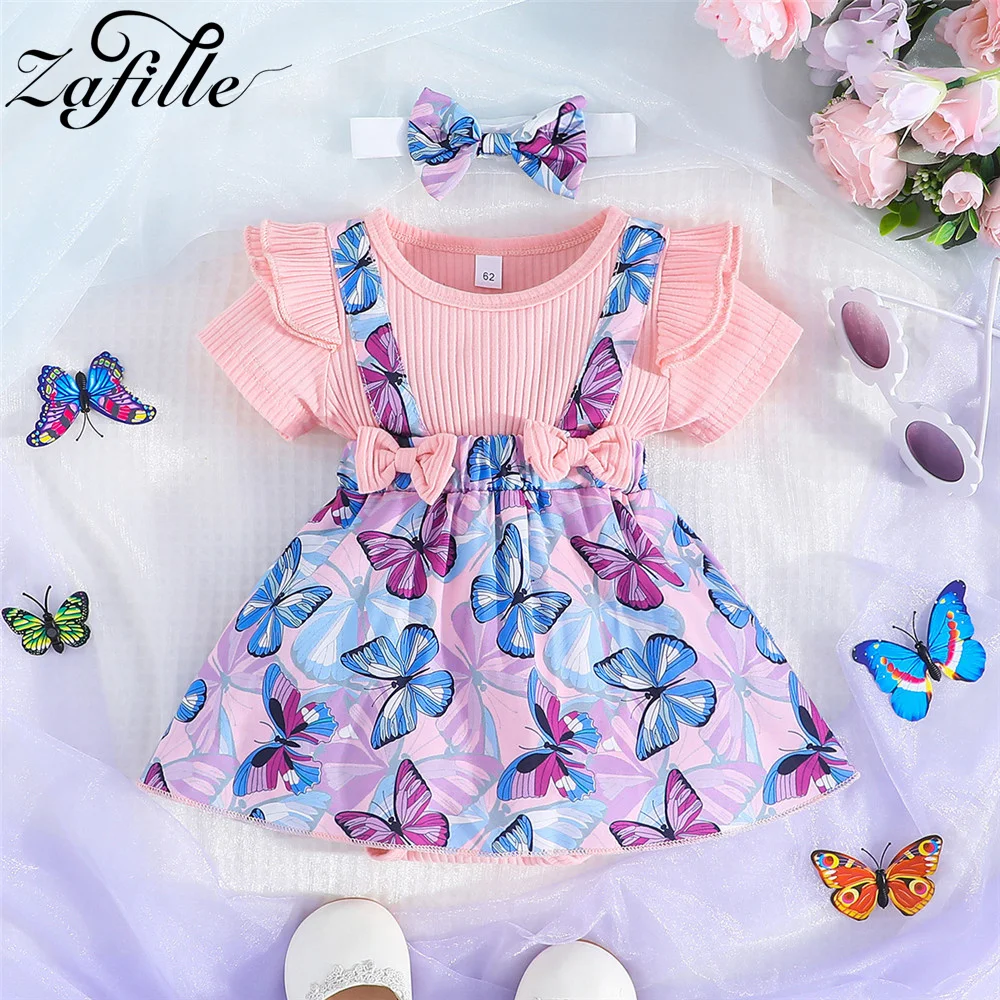 

ZAFILLE Cute Infant Playsuit With Hairband Butterfly Print Bodysuit For Newborns Girls Clothing Summer Children's Outfits Girls
