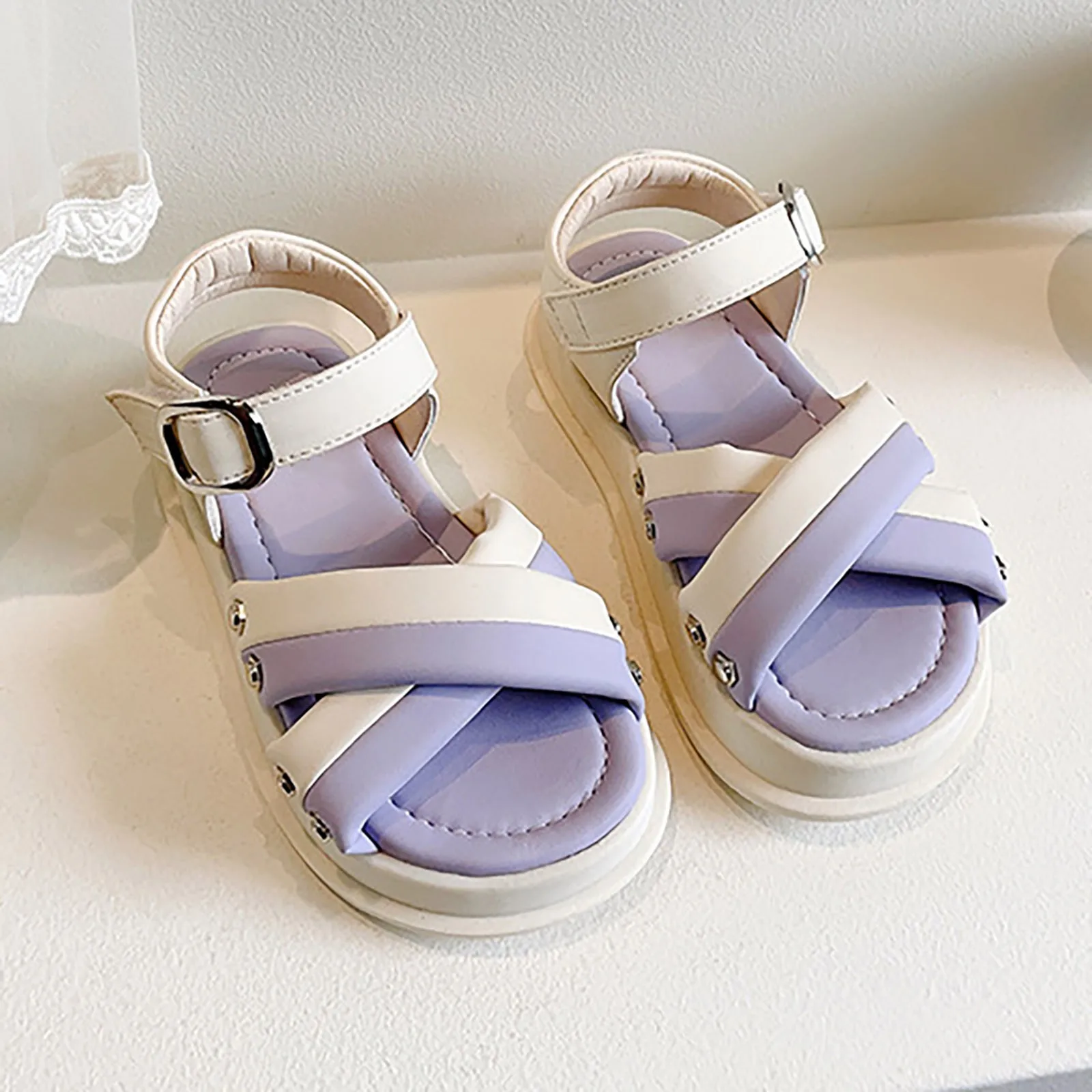 

Girls Open Toe Color Blocking Princess Sandals Soft Bottom Shoes Casual Beach Vacation Sandals Barefoot Ride