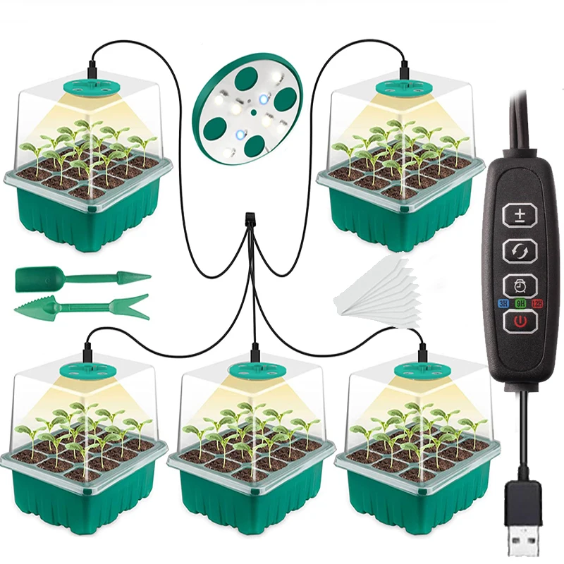 Full Spectrum LED Grow Light with Seedling Tray Plant Seed Starter Trays, Greenhouse Growing Trays with Holes 12 Cell Per Tray