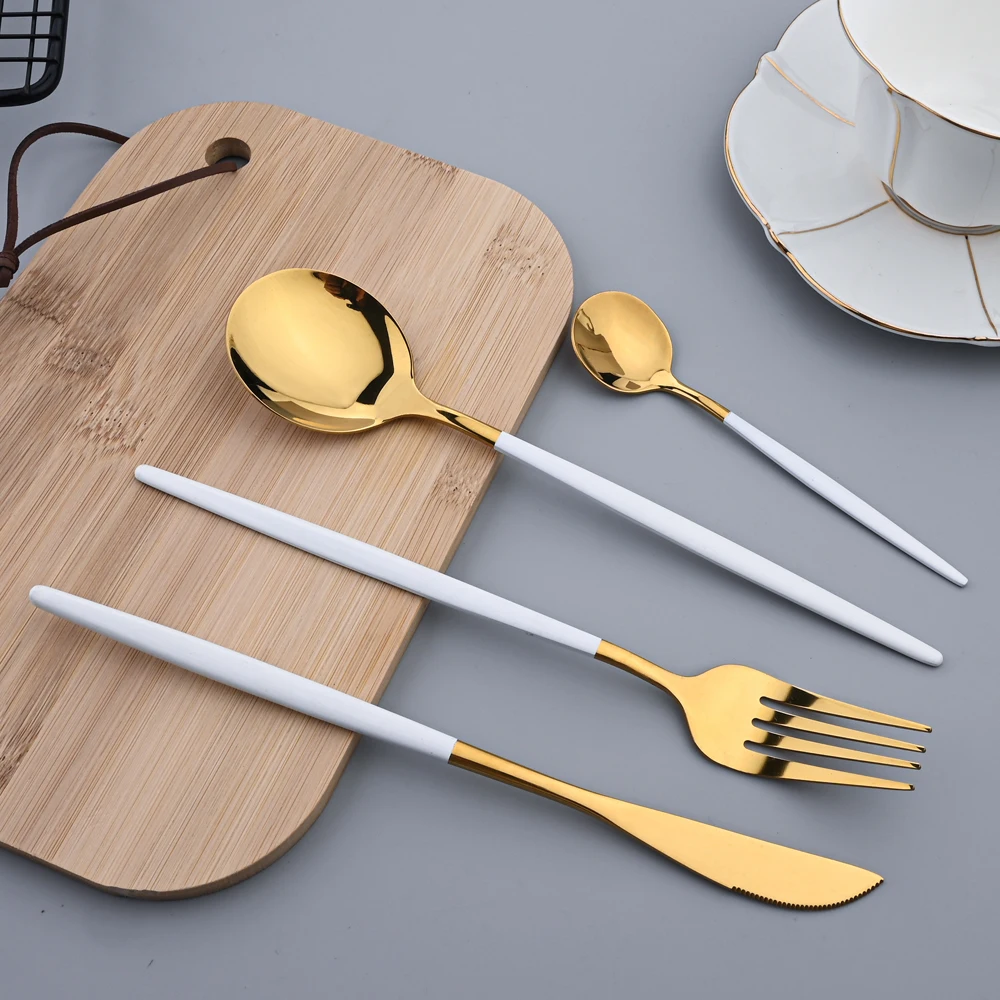 

AJOYOUS 24pcs Dinnerware Set Western Knife Fork Tea Spoon Mirror Stainless Steel Dinnerware White Gold Kitchen Flatware