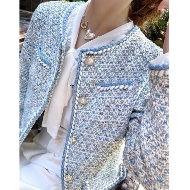 

Chic Women Short Blue Twist Weave Coat Spring Fall Tweed OL Cardigan O-Neck Geometric Checked patterns Single-breasted Crop Tops