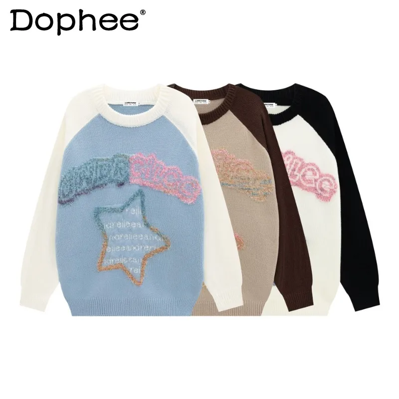 

2023 Fashion Style New Sweater American Retro Loose Jacquard Round Neck Jacquard Pullover Winter Clothes Women's Knitted Sweater