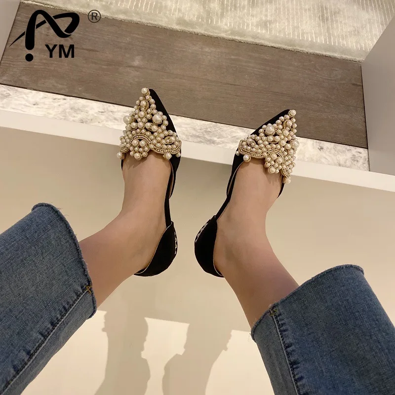 

New Crown Pearl Flats Women Wedding Shoes Pointed Toe Female Dress Moccasins Low Pearl Heel Ladies Fashion Luxury Style
