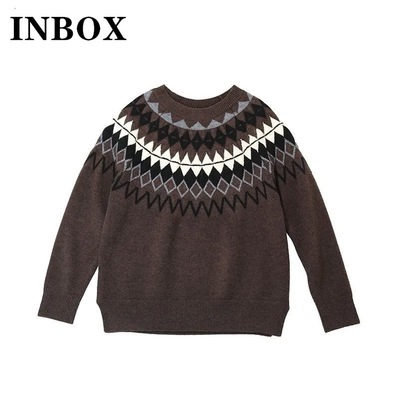 

Nordic Style Vintage O-neck Women's Sweater Loose Plaid Knited Clothing Ladies Casual Long Sleeve Pullovers