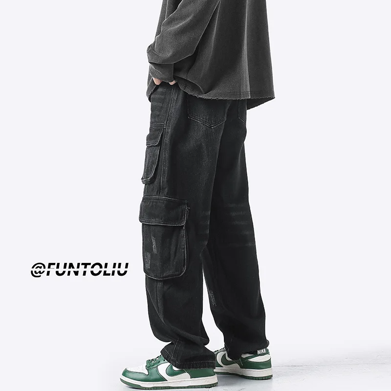 Blue Black Baggy Cargo Jeans Men Fashion Casual Pocket Jeans Men Streetwear Hip Hop Loose Straight Denim Pants Mens Trousers