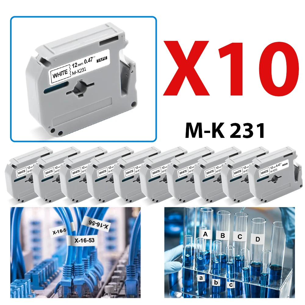 

10PK MK-231 Labels Compatible for Brother M-K231 MK231 MK 231 Label Tape MK-131 431 531 631 for Brother PT-70 PT-80 Label Maker