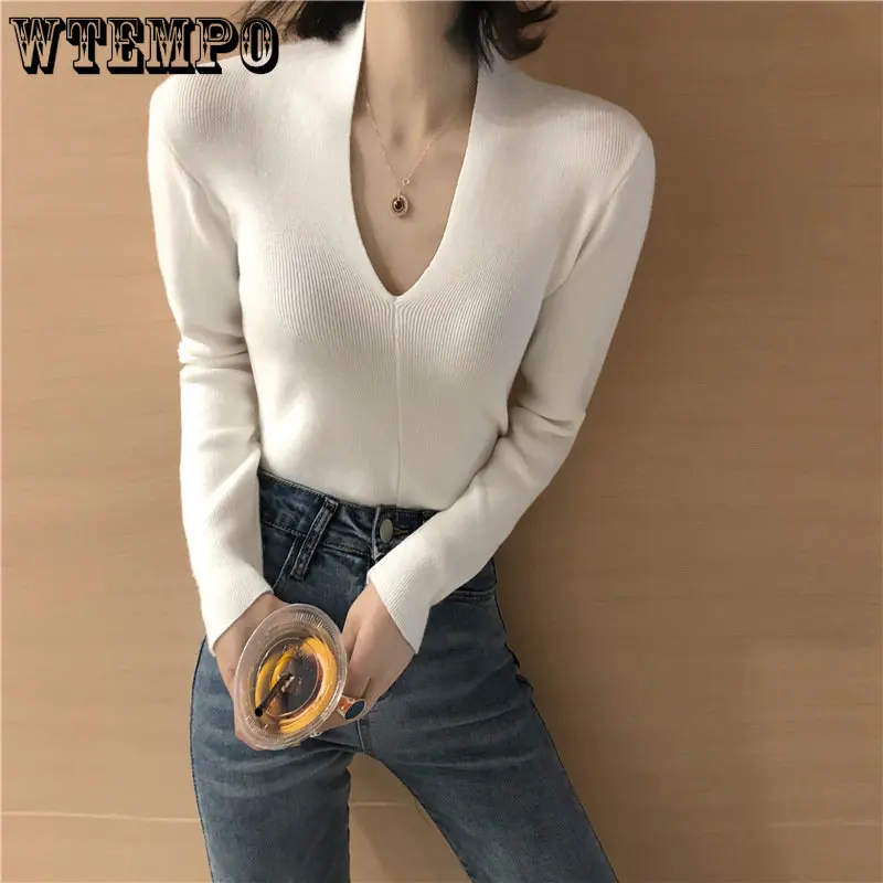 

Приталенный вязаный свитер WTEMPO, Женский пуловер с V-образным вырезом, рубашка с длинным рукавом, осенне-зимний Однотонный женский топ Y2k для ...