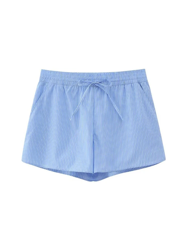 

Kumsvag 2023 Women Summer Shorts Casual Sweet Striped Elastic waist Drawstring Bow Female Elegant Street Shorts Clothing