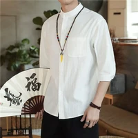male summer cotton linen shirts slim fit solid color tops m 5xl 2022 new mens mandarin collar shirt