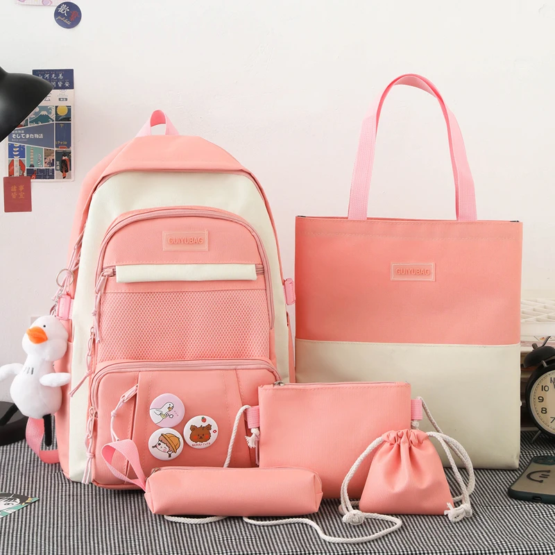 Набор из 5 предметов, детский рюкзак, сплошной цвет, многокомпонентный женский рюкзак, женский рюкзак, милые студенческие школьные сумки бол...