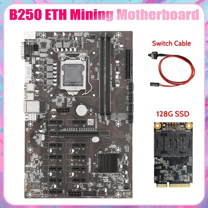 

B250B ETH Mining Motherboard+128G MSATA SSD+Switch Cable LGA1151 DDR4 12Xgraphics Card Slot SATA3.0 USB3.0 For BTC Miner