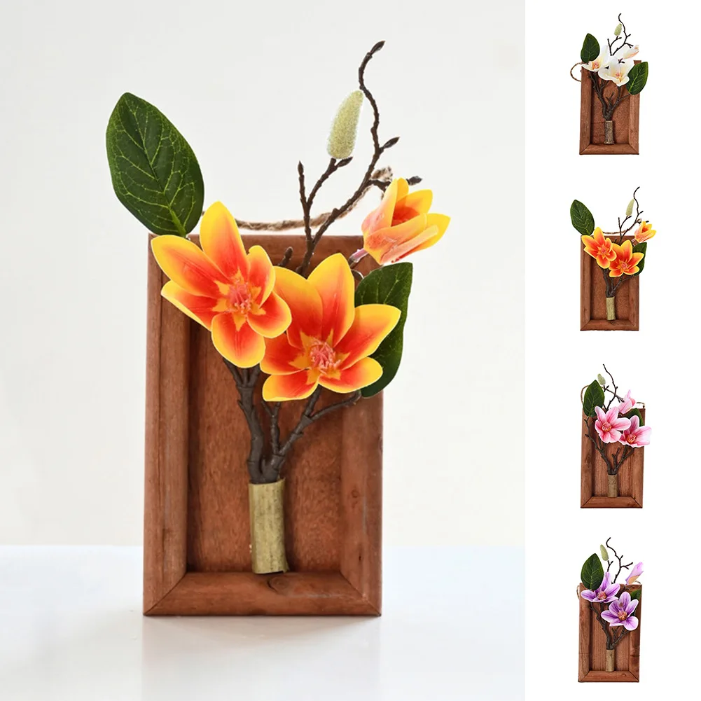 

Artificial Flowers Magnolia Wall Hanging Bonsai Fake Tulip Wooden Photo Frames For Front Door Wall Decor Hanging Flower Bonsai