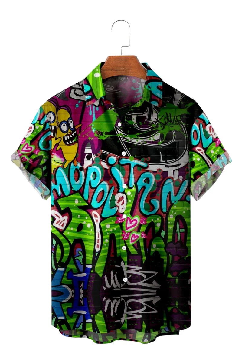 

2022 Summer Men's Casual Short Sleeve Lapel Shirts Graffiti Culture 3D Print Plus Size Pockets Men's Clothing