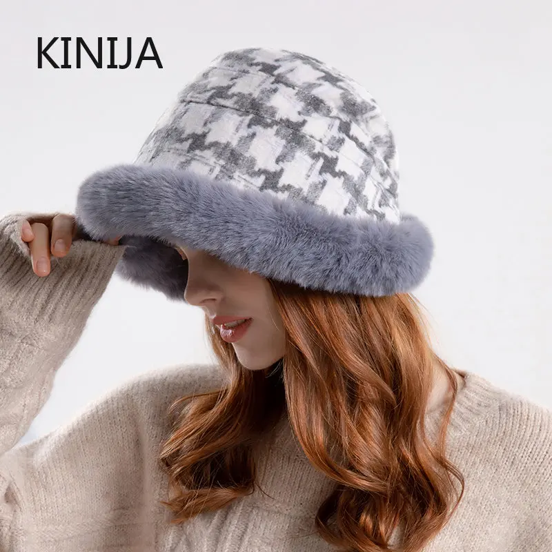 Winter Fur Warm Bucket Hat for Women Fluffy Fur Woolen Splicing Snow Ear Protection Benines Russia Outdoor Plush Coldproof Cap