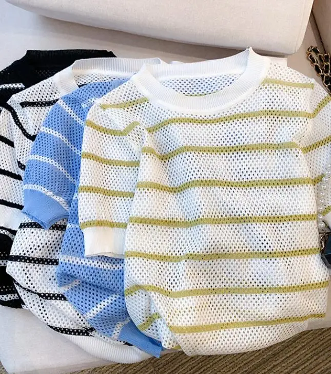 

Round neck T-shirt ice silk knitted top for women