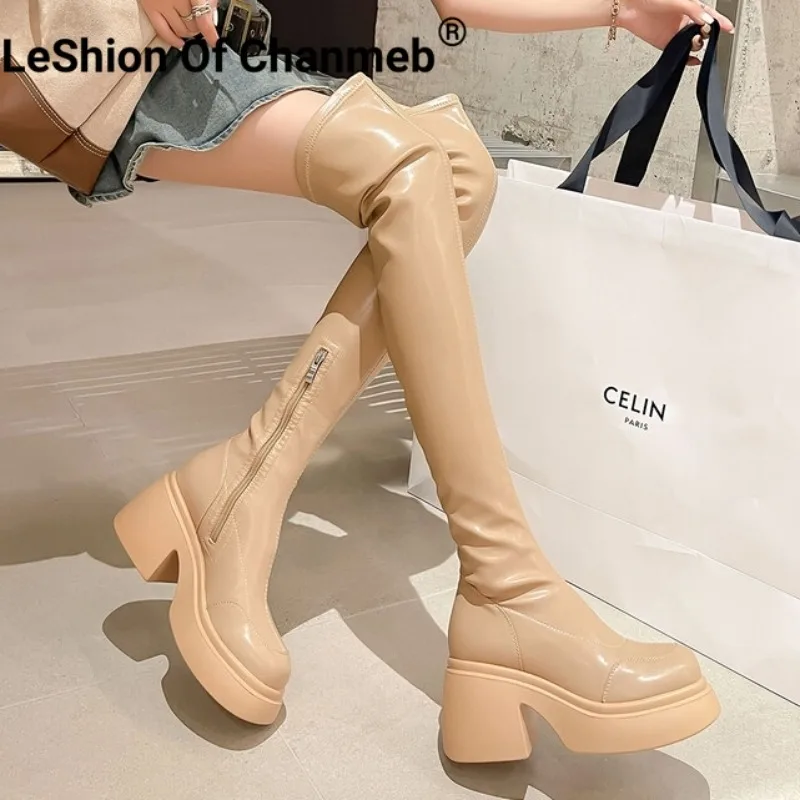 

LeShion Of Chanmeb Real Leather Women's Over-the-Knee Boots Chunky High Heel Zipper Goth Stretch Boot Platform Lady Winter Shoes