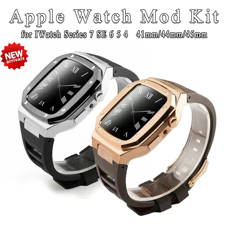 41mm 45mm Rubber Strap for Apple Watch Band Mod Kit Metal Case with Strap Bezel Modification for IWatch Series 7 6 SE 5 4 44mm