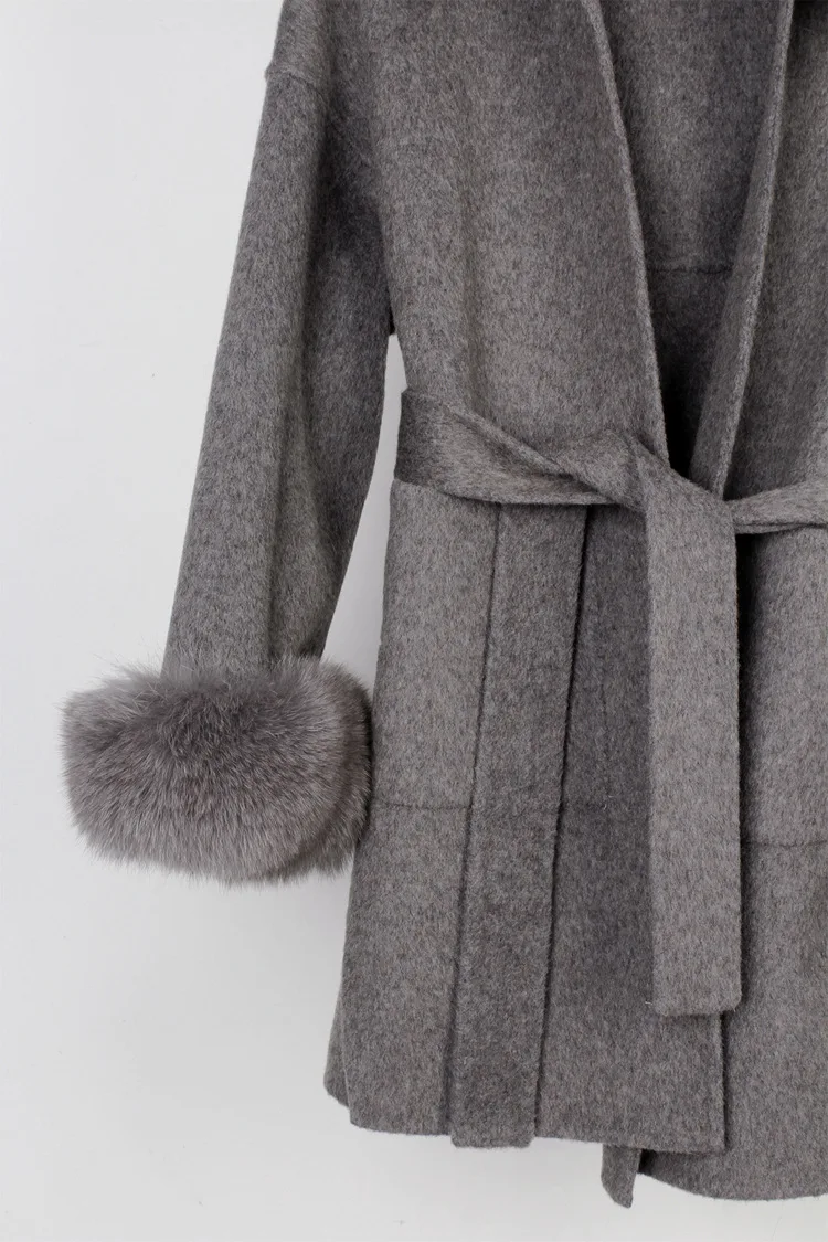 Winter Women Real Fur Coat Cashmere Wool Woolen Jacket Fox Fur Collar Cuffs Hood Oversize Ladies Outerwear Fashion Streetwear