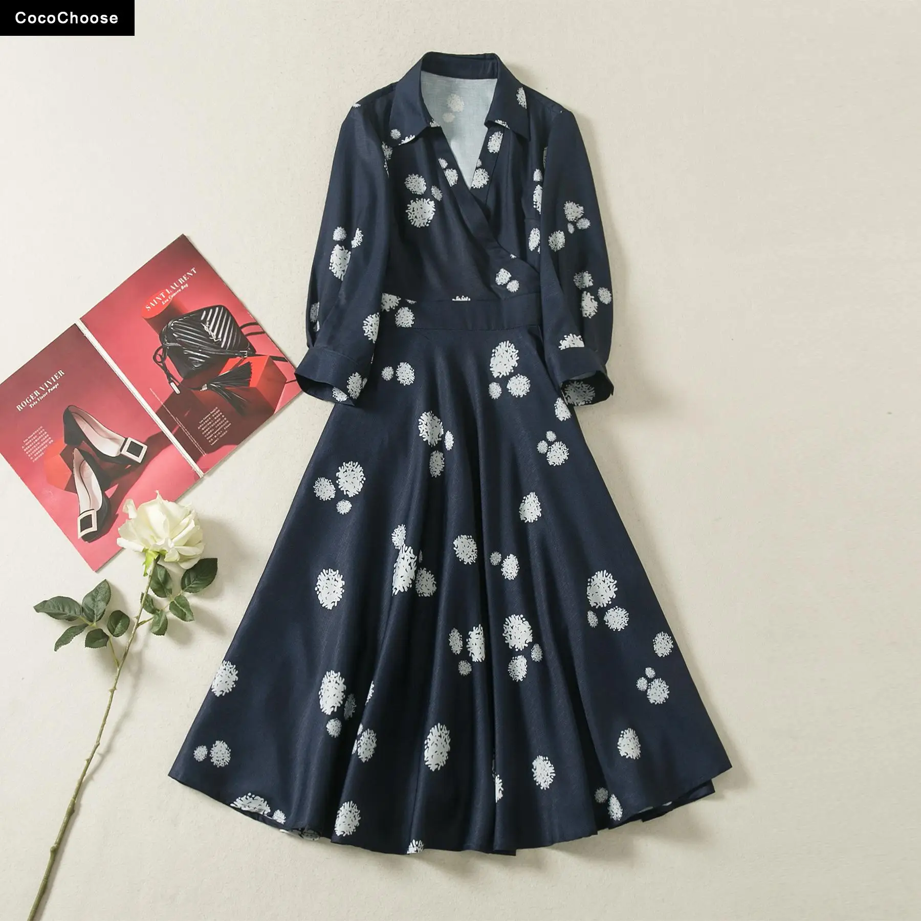 

Elegant Women Dresses Shirtdress Spring Summer 2022 Fashion Floral Print Turn Down Collar Criss Cross Sashes Midi Dress Blue