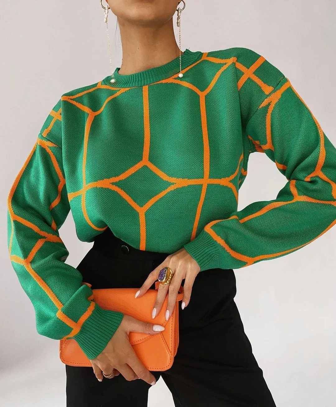 

Women's Round Neck Sweater Autumn / Winter Basic Pullover Fashion Line Pattern Elegant Knitted Top Green High Fashion Aesthetic