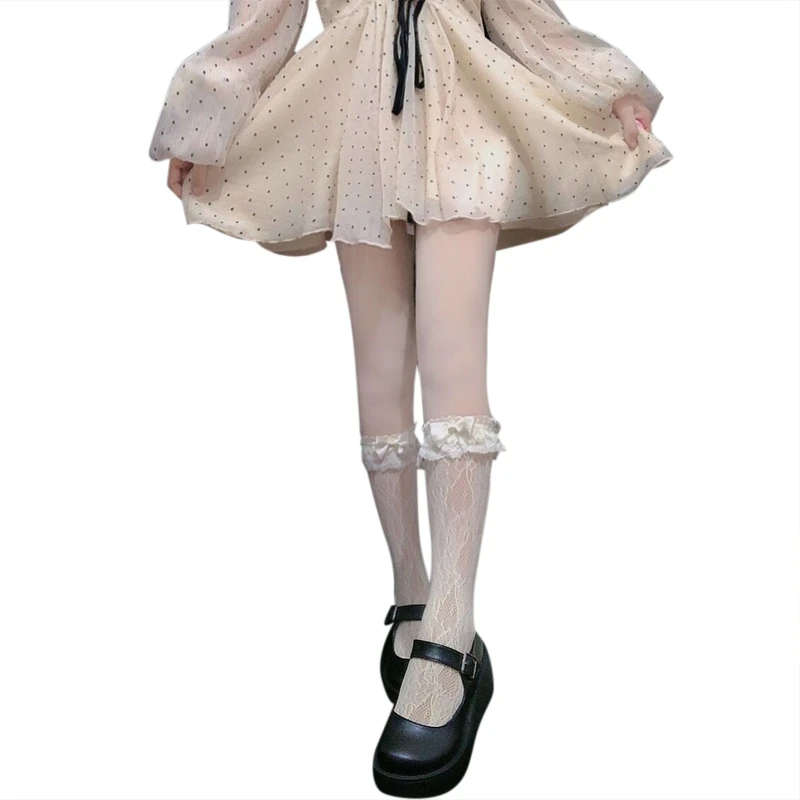 

Japanese Gothic Style Women Lolita Crew Socks Sweet Ruffled Trim Satin Bowknot Full Lace Princess Maiden Student Cosplay Calf