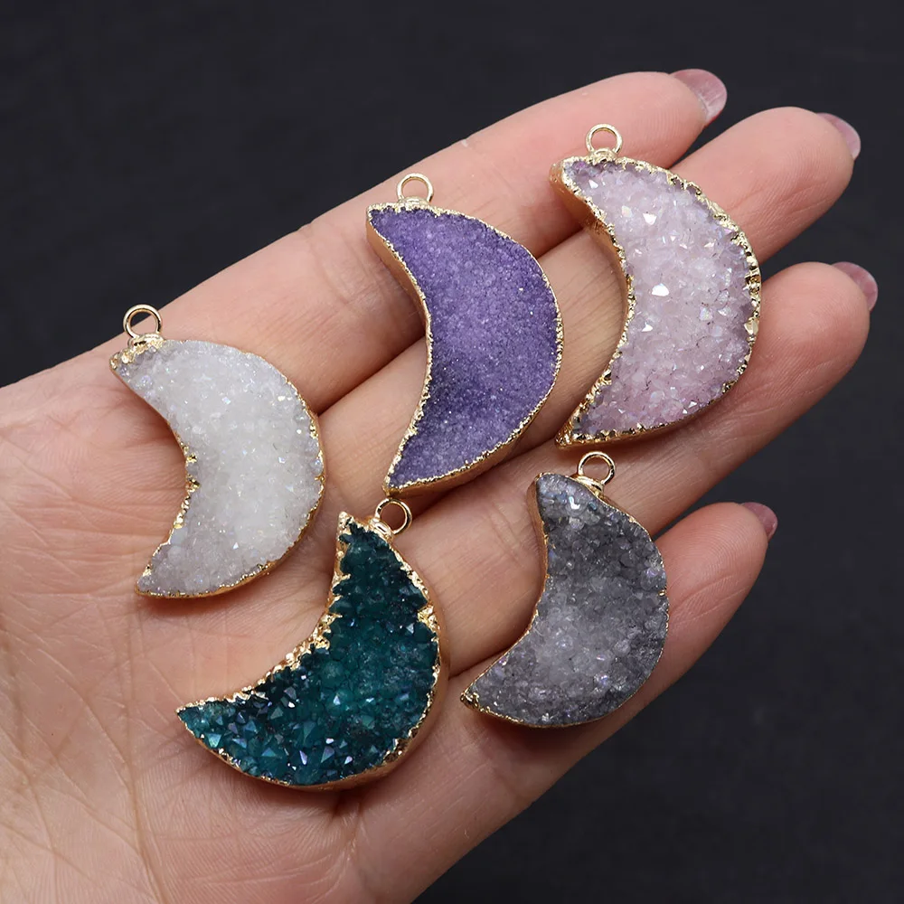

Natural Stone Moon Crystal 14-35mm Single Hole Pendant Metal Edge Reiki Ladies Charm Jewelry DIY Bracelet Necklace Accessories