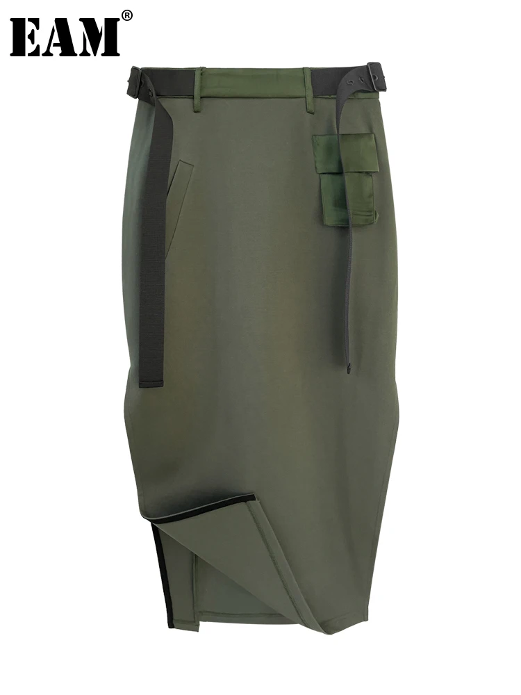 

[EAM] High Waist Army Green Color-block Long Slit Elegant Half-body Skirt Women Fashion Tide New Spring Autumn 2022 1DF0154