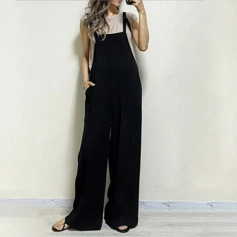 

Jumpsuit Women's Summer Black Trousers Japanese Plain Color Camisole Ladies Fashion Loose Casual One-piece Wide Leg Overalls