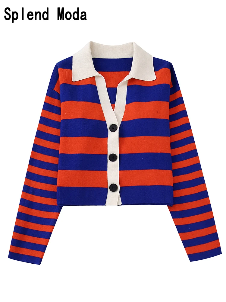 

Женский укороченный кардиган в полоску, повседневный трикотажный свитер с отложным воротником и длинным рукавом, верхняя одежда в винтажном стиле, весна 2023