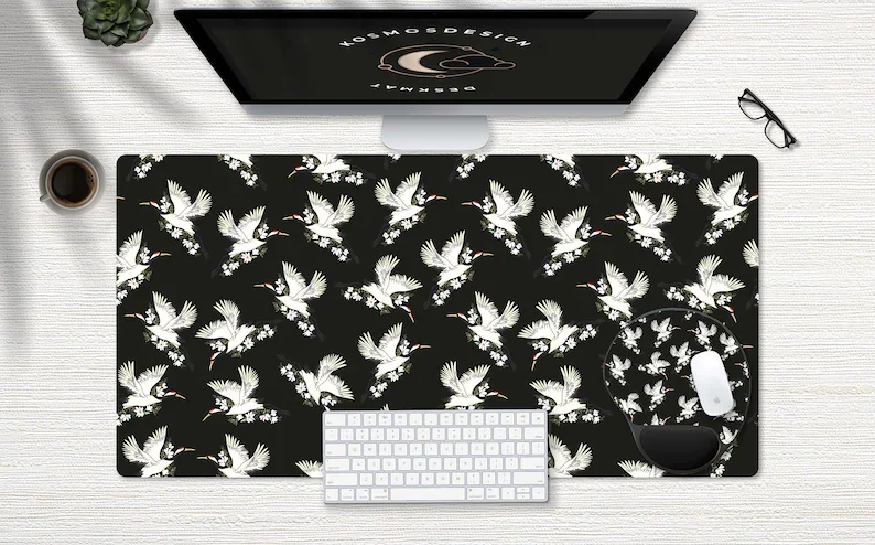 

Crane Birds Desk Mat, Japanese Desk Mat, Large Desk Mat, Black Desk Mat, Extra Large Desk Mat, Desk Mat, Extended Mouse Pad, Mou