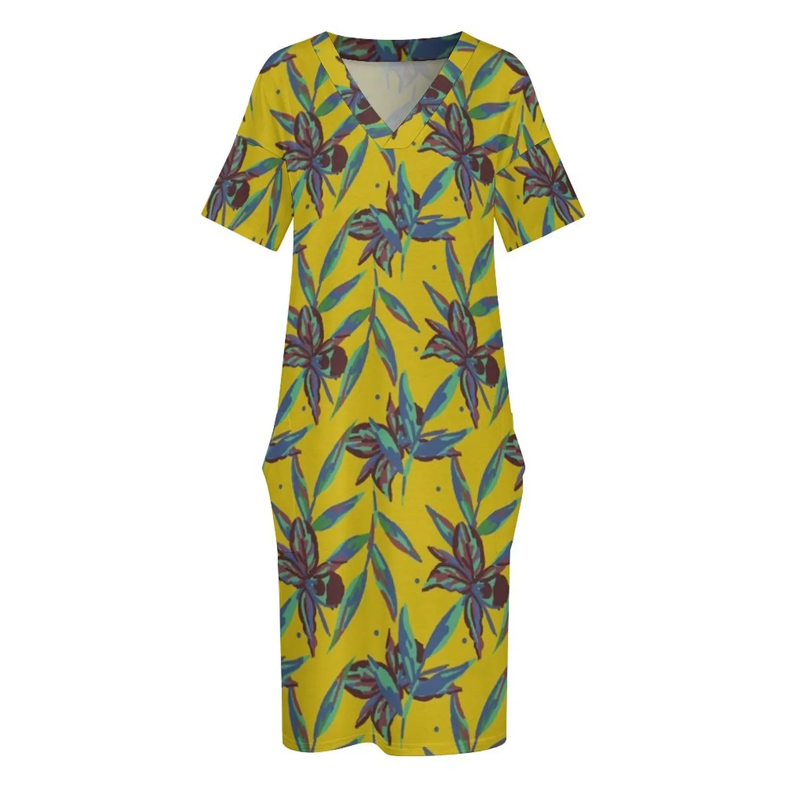 Мотив Таити экзотическое jaune moutarde украшение свободное карманное платье летнее