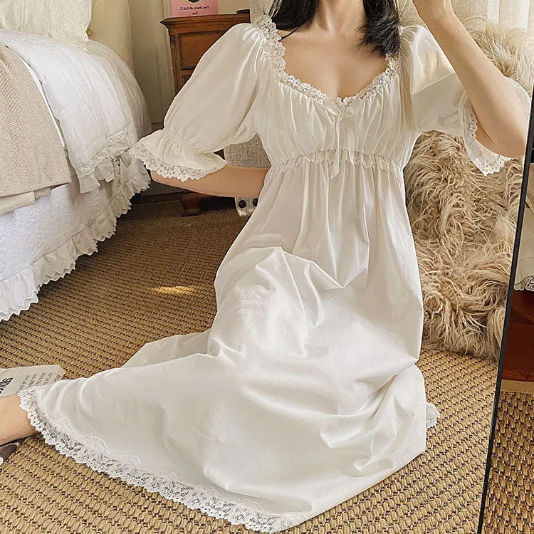 Night Wear Sleeping Summer Dress White Cotton Nightgown Vintage Night Dress Women Girl Sleepwear