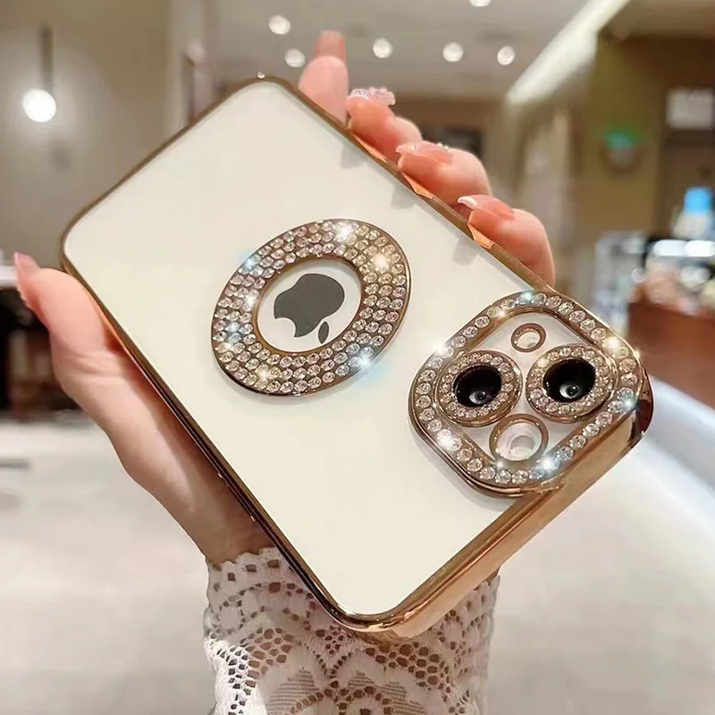 

For iPhone 14 Pro Max Luxury Plating Flash Diamond Silicone Phone Case For iPhone 11 12 13 14 Plus Hollow Out Rhinestone Cover