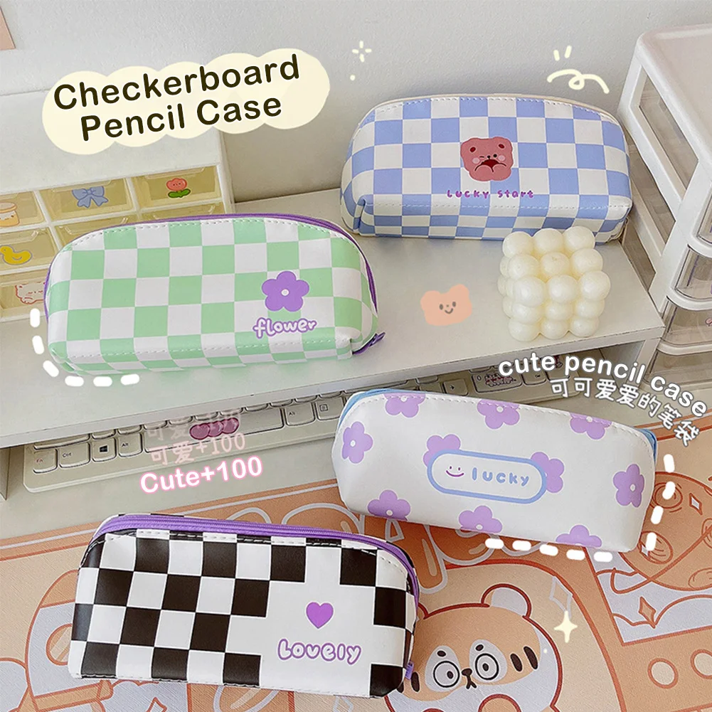 

INS Classic Checkerboard Pencil Case Cute Lovely Grid Canvas Pencil Bag Large Capacity School Student Stationery Storage Case