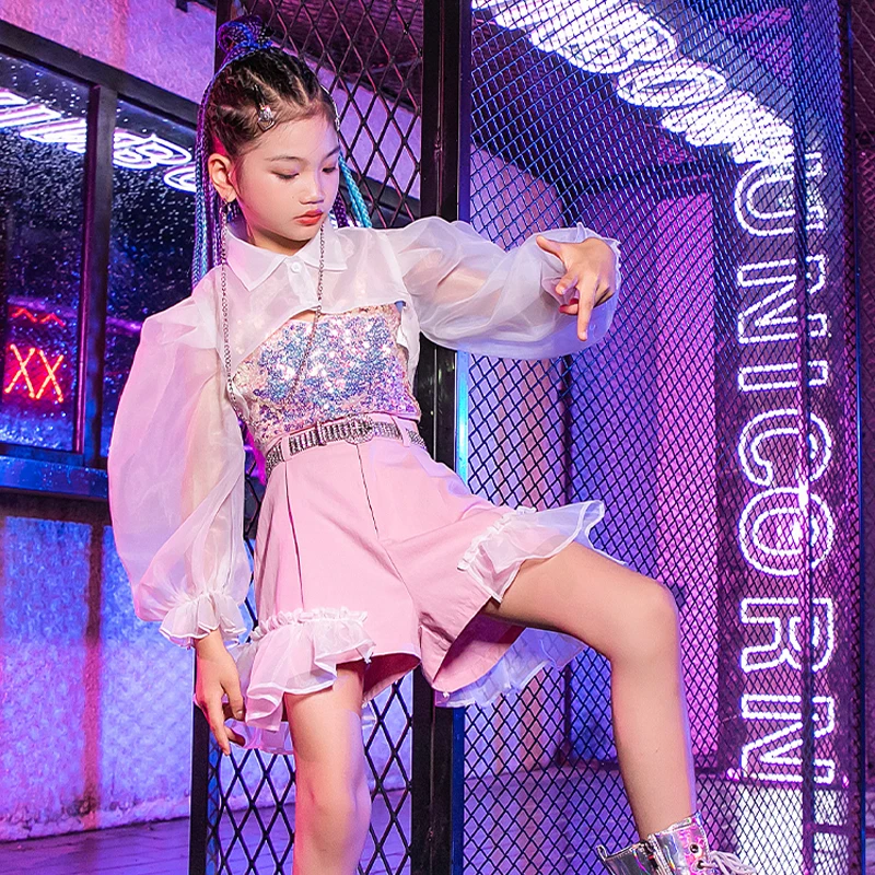 

Костюм джазового танца для девочек, модель детской одежды для подиума, детский жилет с блестками для уличных танцев, розовые шорты