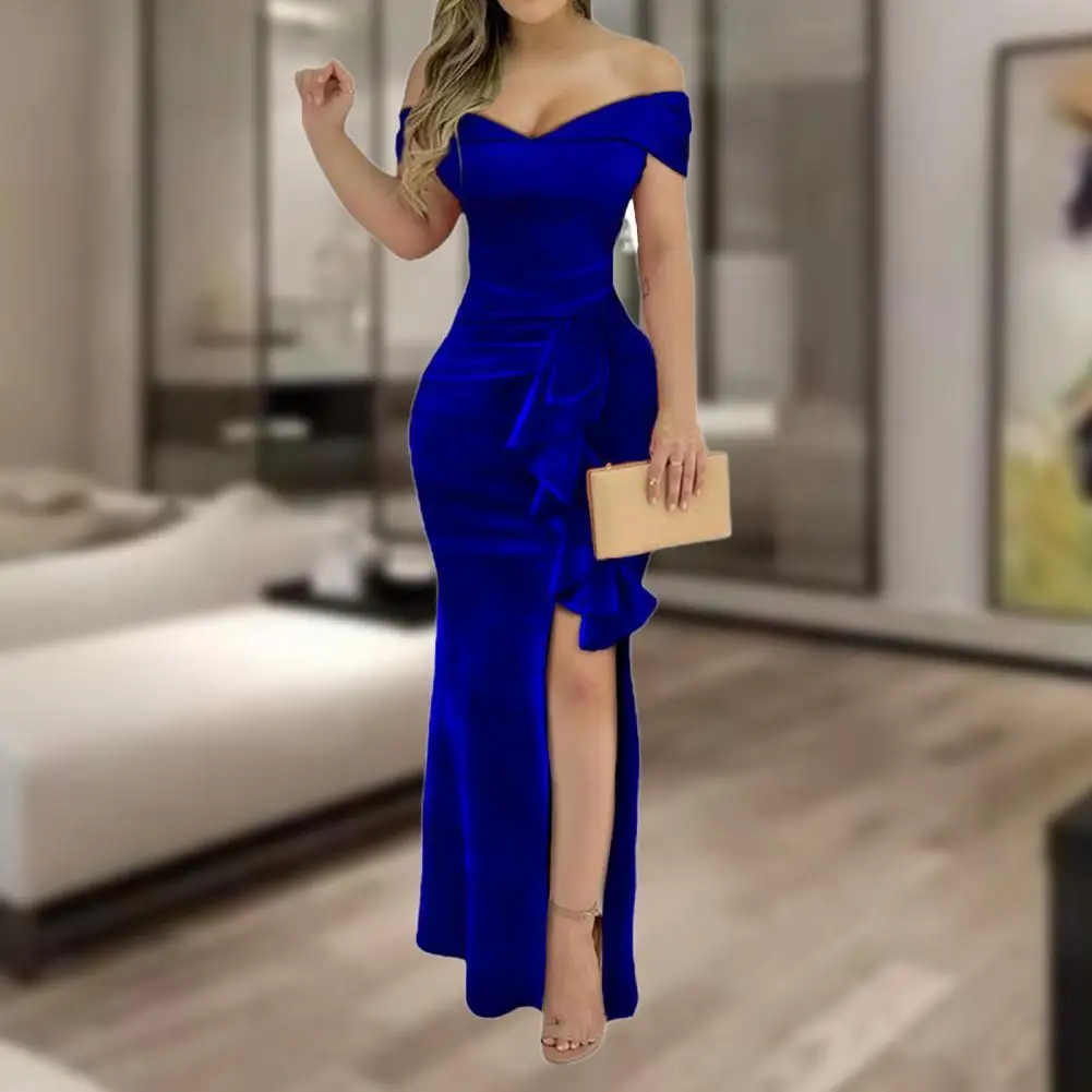 

Popular Formal Dress Short Sleeve Velvet Bodycon Dress Elegant Slit Dress