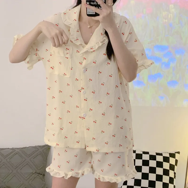 

Pajama Sets Turn-down Collar Cotton Yarn Short Sleeve Women Summer Floral Printed Thin Womens 2pcs Pyjamas Elegant Sleepwear