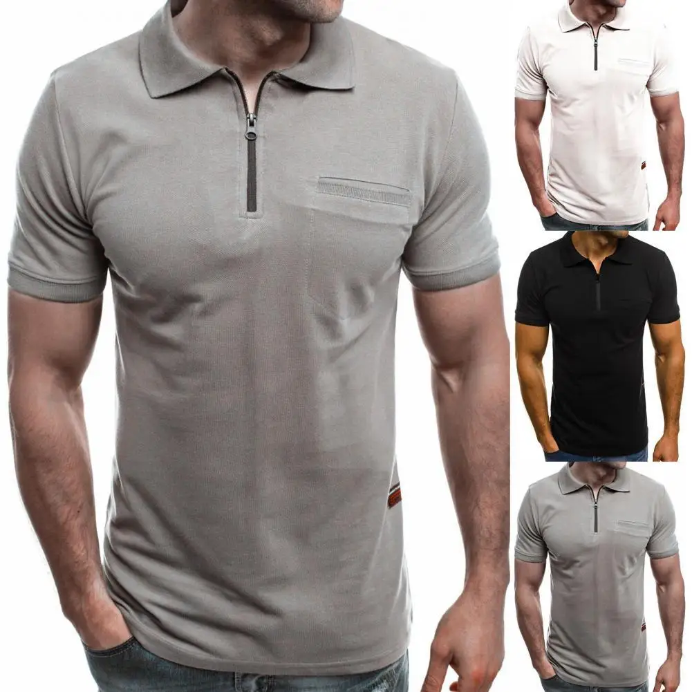 

Summer Solid Color Zipper Men Shirt Stylish Loose Short Sleeve Lapel T-shirt Turndown Collar All Match Men Top for Daily Wear