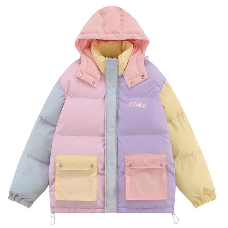 

Winter Harajuku Thermal Parka Coat Patchwork Color Block Hooded Thick Padded outwear Jacket Vintage Designer Loose Windbreaker