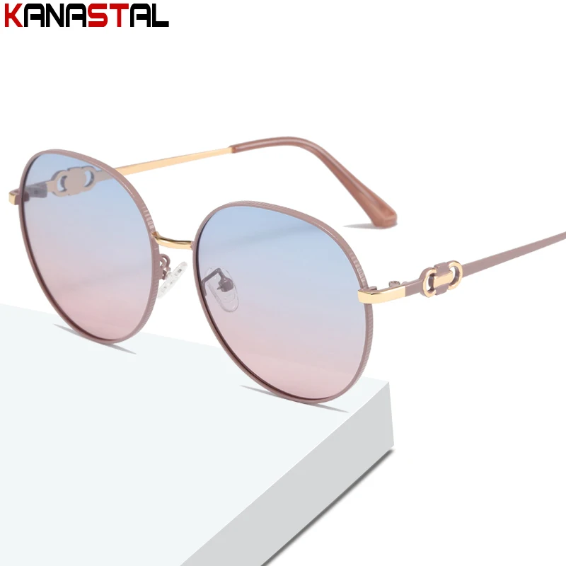

Women Polarized Sunglasses Fashion Round Frame Metal Bicolor Anti-UV Eyewear Fishing Shade Driving Gradient Sun Glasses Men