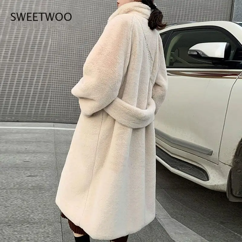 Loose Warm Outwear Luxury Faux Fur Coats Long Women Parka Fashion 2021 Winter Thick Imitation Mink Jacket Female Belt